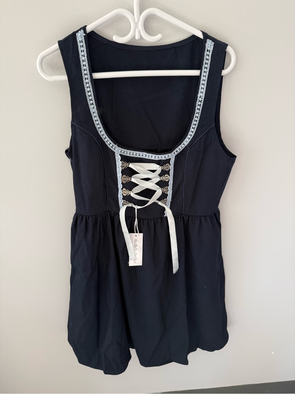 Sleeveless Navy Midi Dress with Front Lace-Up Detail Halloween Costume